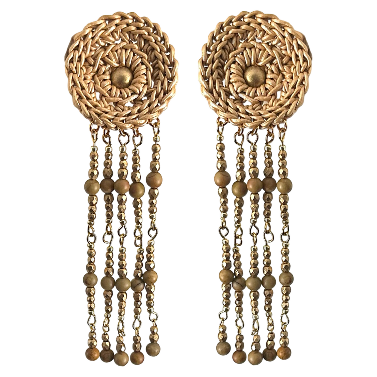 Lunar Lace Leather earrings, crocheted leather and stone beads
