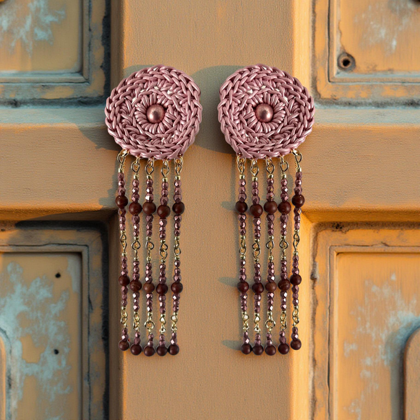 Lunar Lace Leather earrings, crocheted leather and stone beads