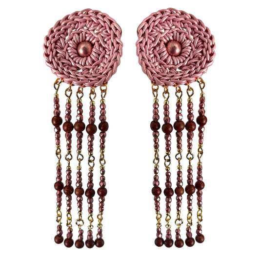 Lunar Lace Leather earrings, crocheted leather and stone beads