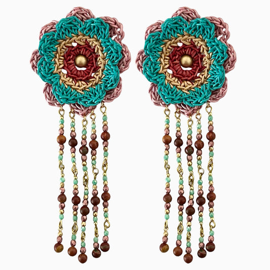 Sea Bloom leather earrings, Mandala-Inspired with Jasper and Bohemian Beads