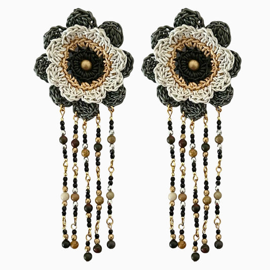 Sea Bloom leather earrings, Mandala-Inspired with Jasper and Bohemian Beads