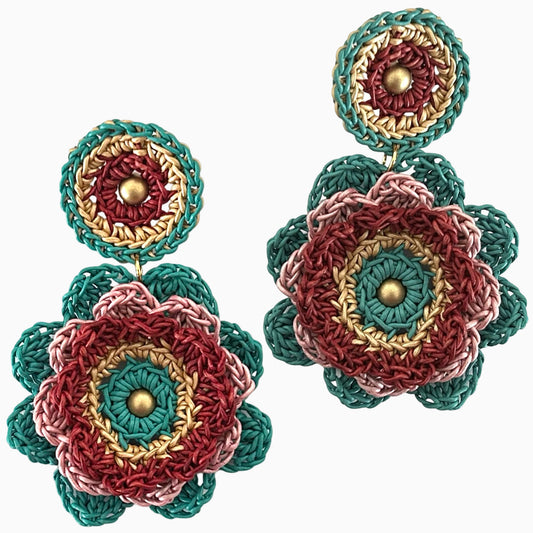 Garden Bloom leather earrings, Layered Mandala Petals in Full Flower