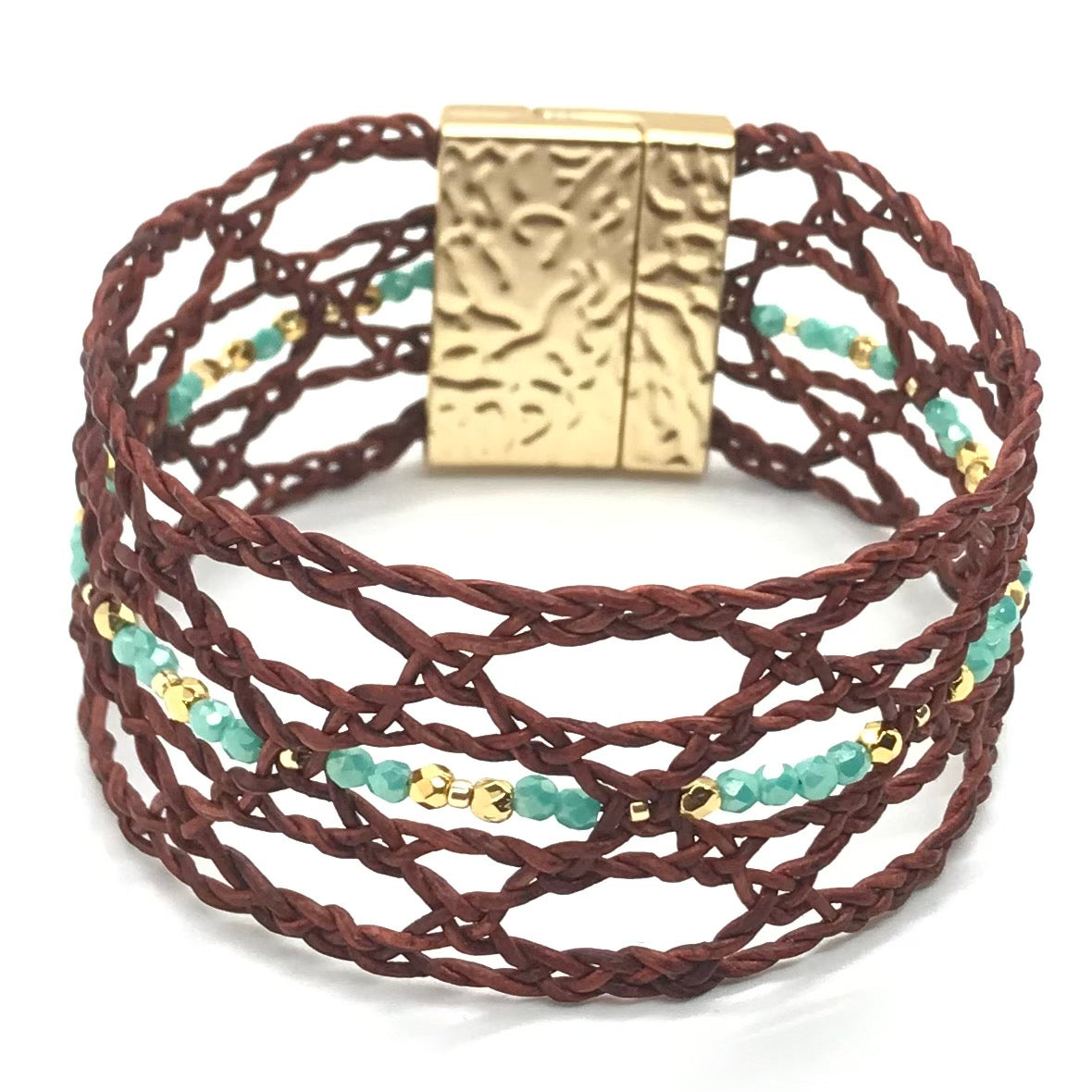 Boho Chic Glass Bead & Knotted Leather Bracelet Kit (Turquoise & Coppe –