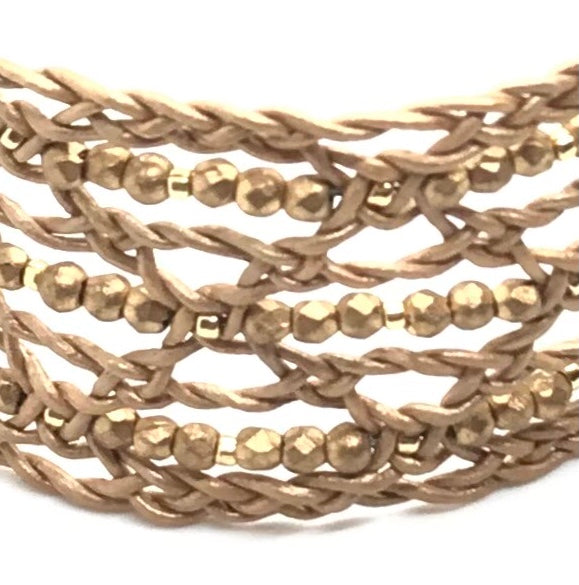Bohemian Leather Lace Bracelet Gold Beaded Close Up