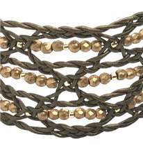 Load image into Gallery viewer, Bohemian Leather Lace Bracelet Moss Gold Beaded Close Up
