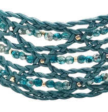 Load image into Gallery viewer, Bohemian Leather Lace Bracelet Teal Beaded Close Up
