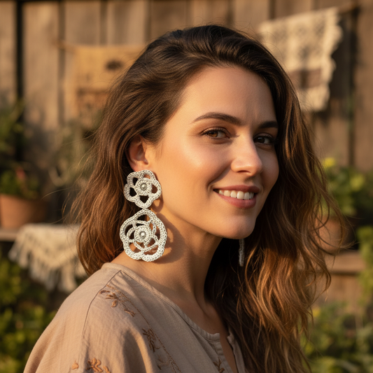 Melanie Leather Lace earrings, Bold Blooms, Handcrafted Friendship