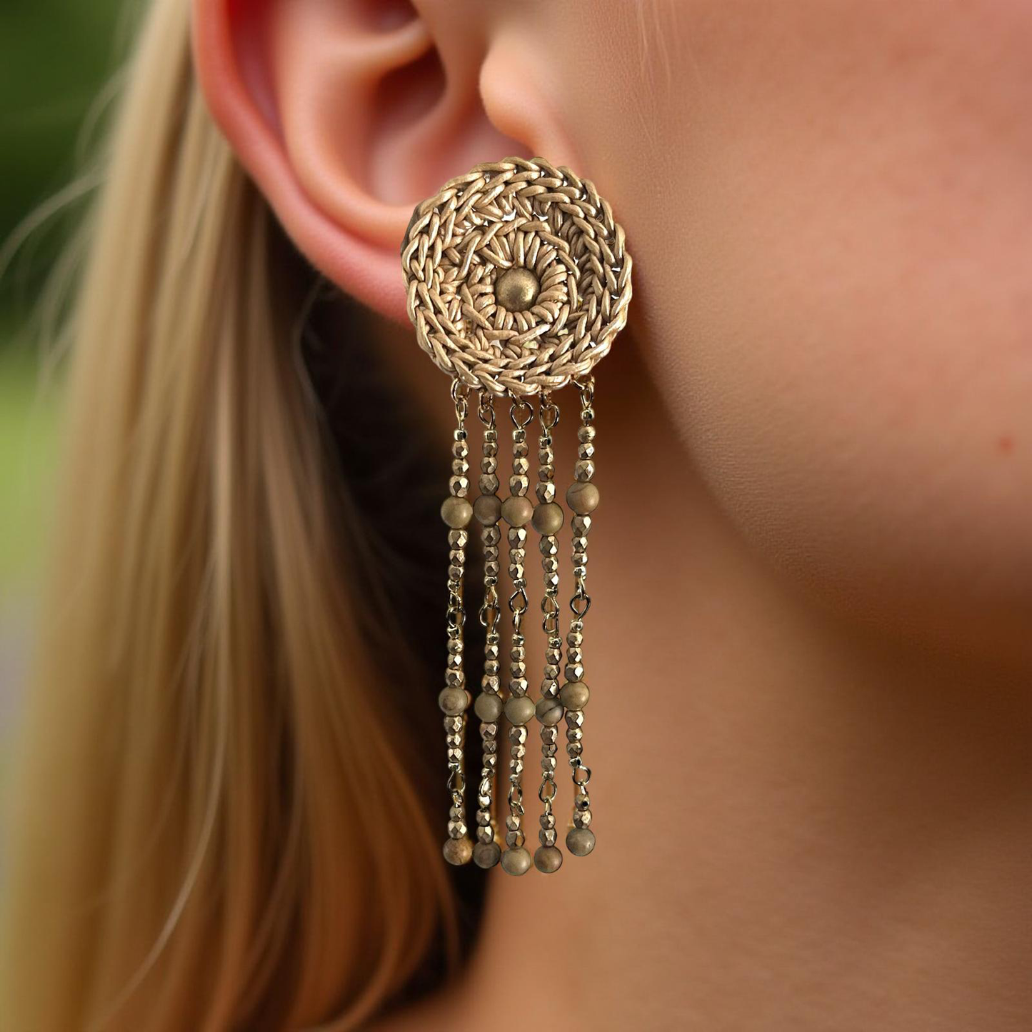 Lunar Lace Leather earrings, crocheted leather and stone beads