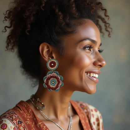 Garden Bloom leather earrings, Layered Mandala Petals in Full Flower
