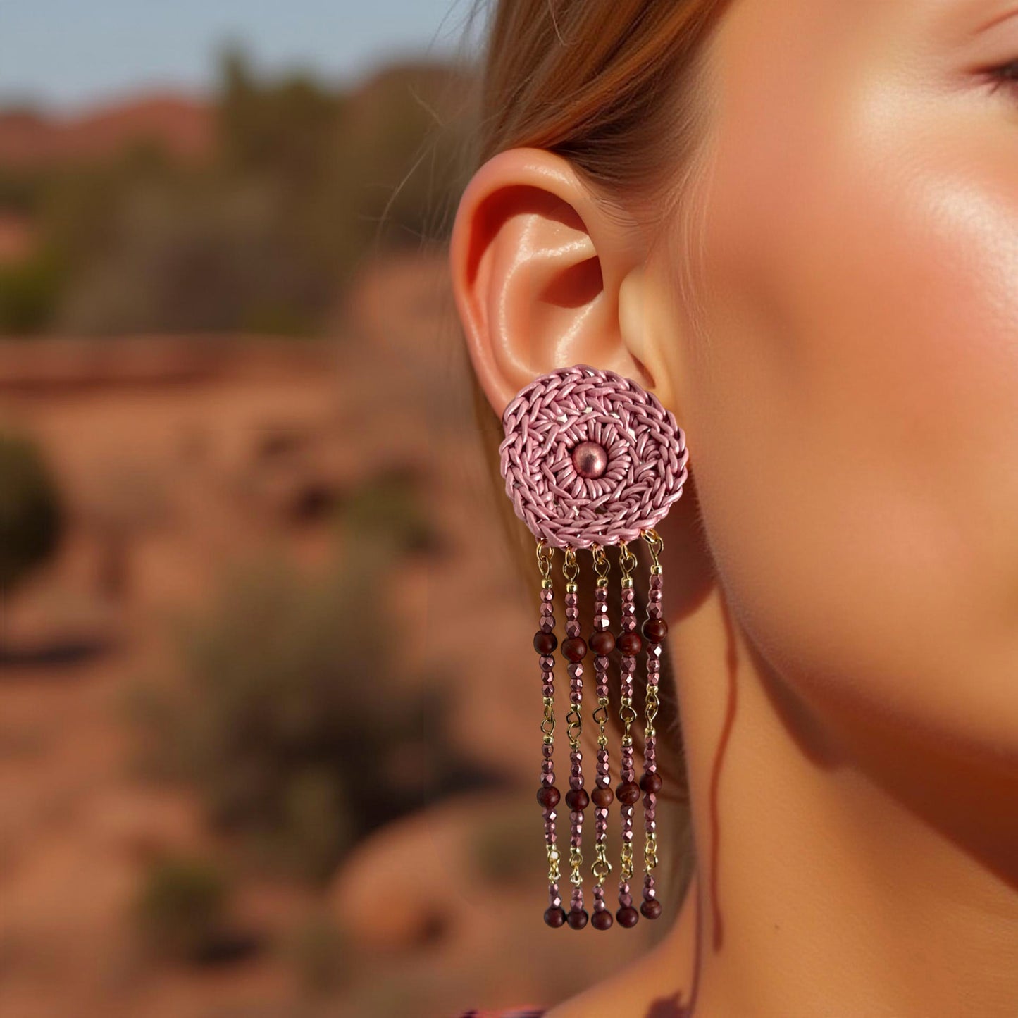 Lunar Lace Leather earrings, crocheted leather and stone beads